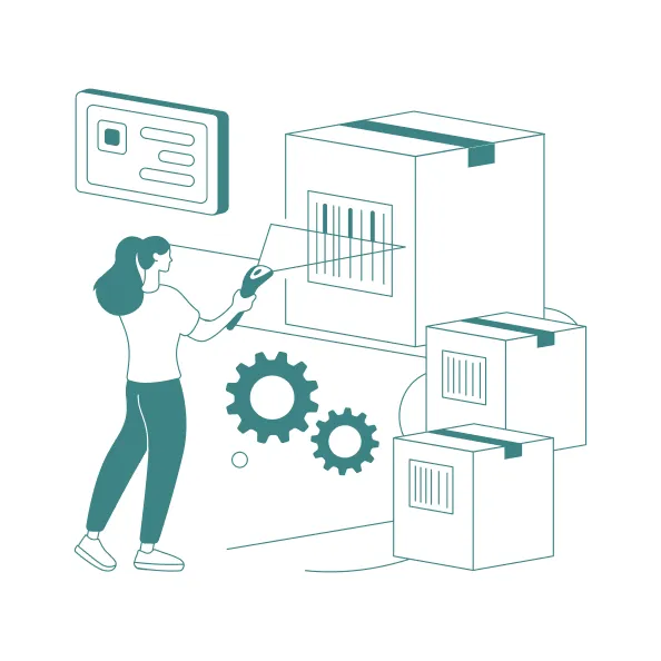 Illustration of a team working on gears and charts, symbolizing collaboration or productivity