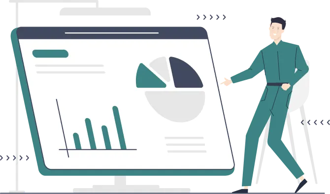 Illustration of a person presenting data on a chart, symbolizing a business presentation or analytics