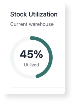 Circular infographic with 45% stock utilization, representing inventory analysis